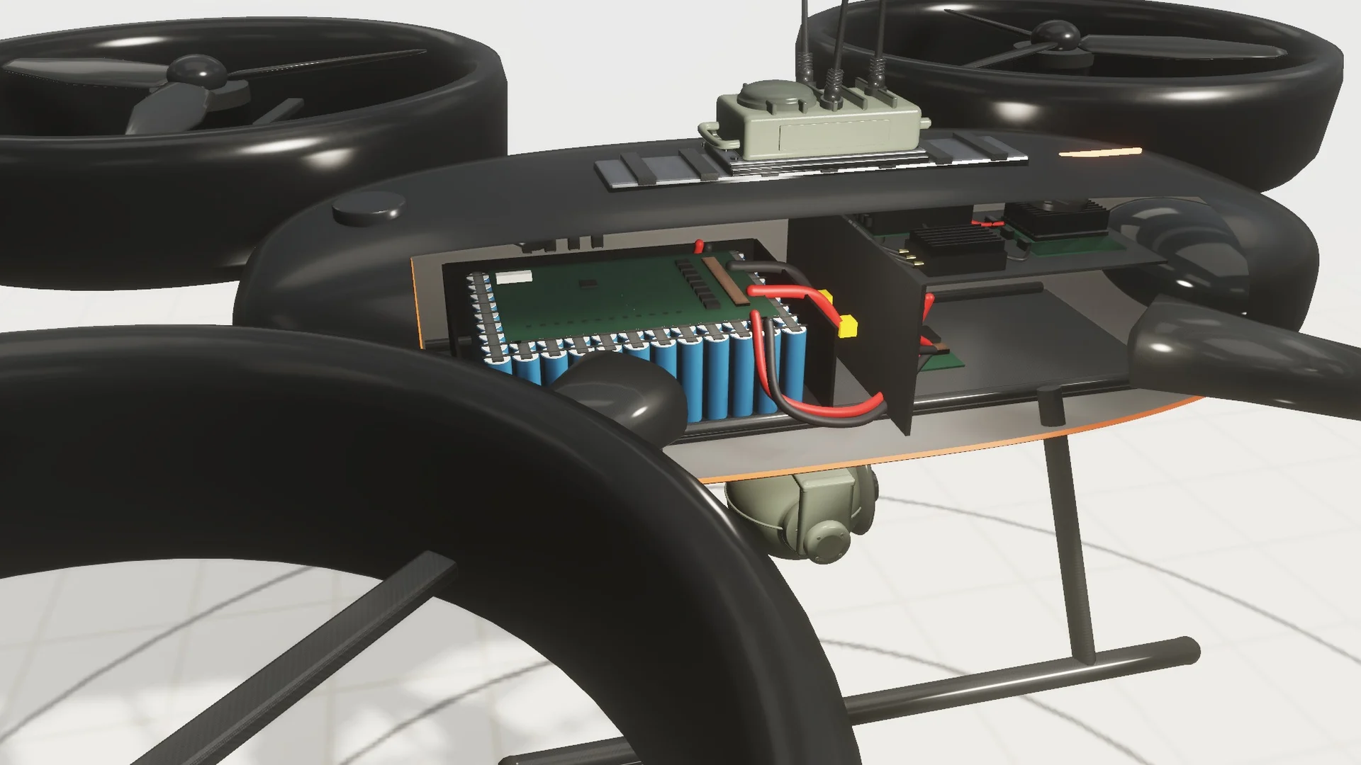 Cutaway of the drone showing the battery pack and wiring