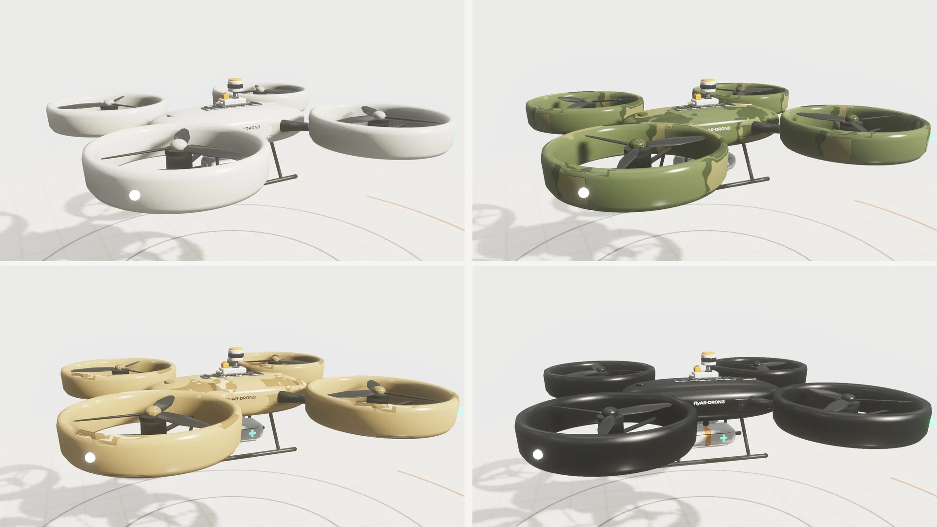 Four drone finishes shown in a two-by-two grid