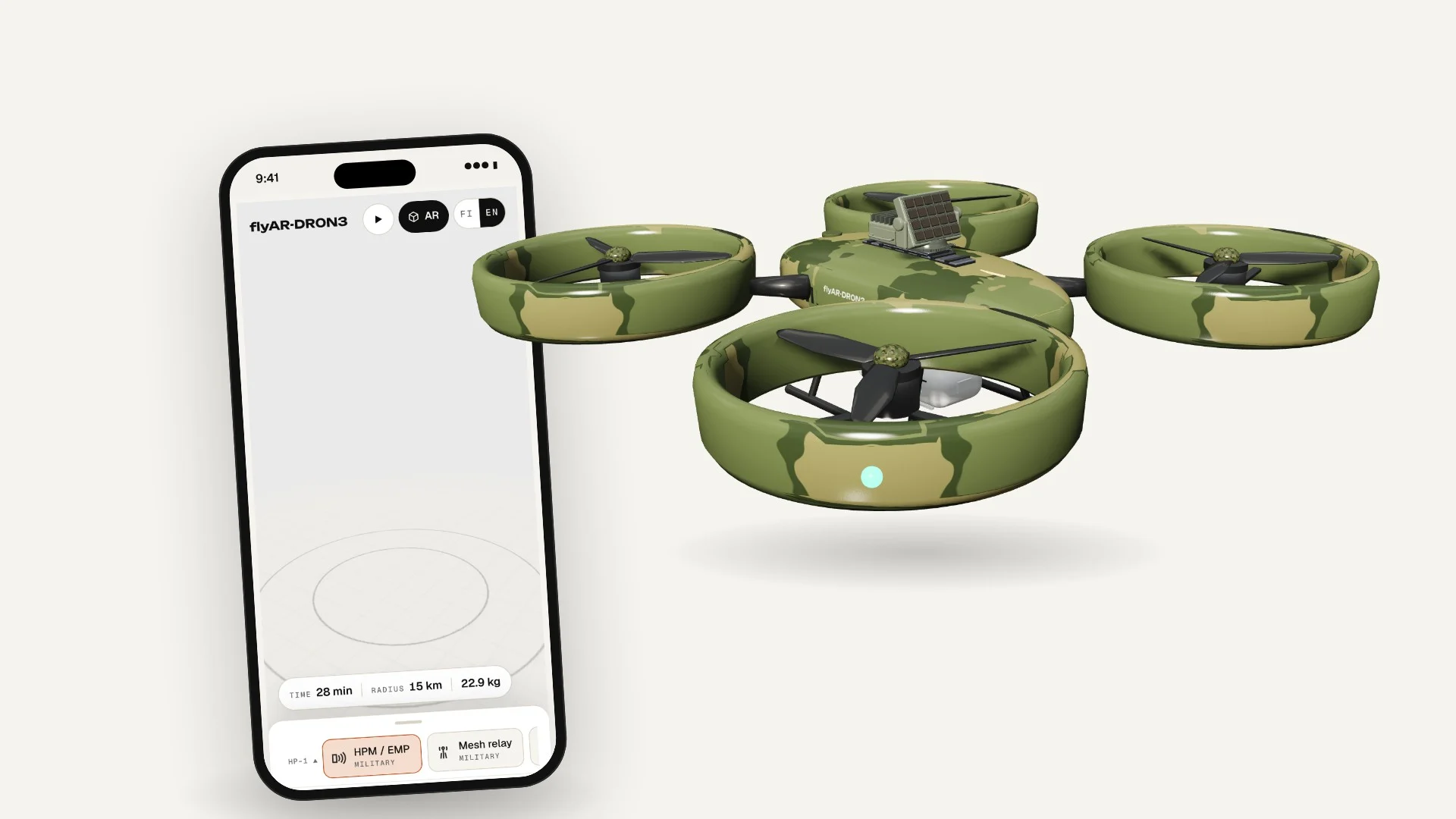 A phone showing the configurator and a drone placed in augmented reality