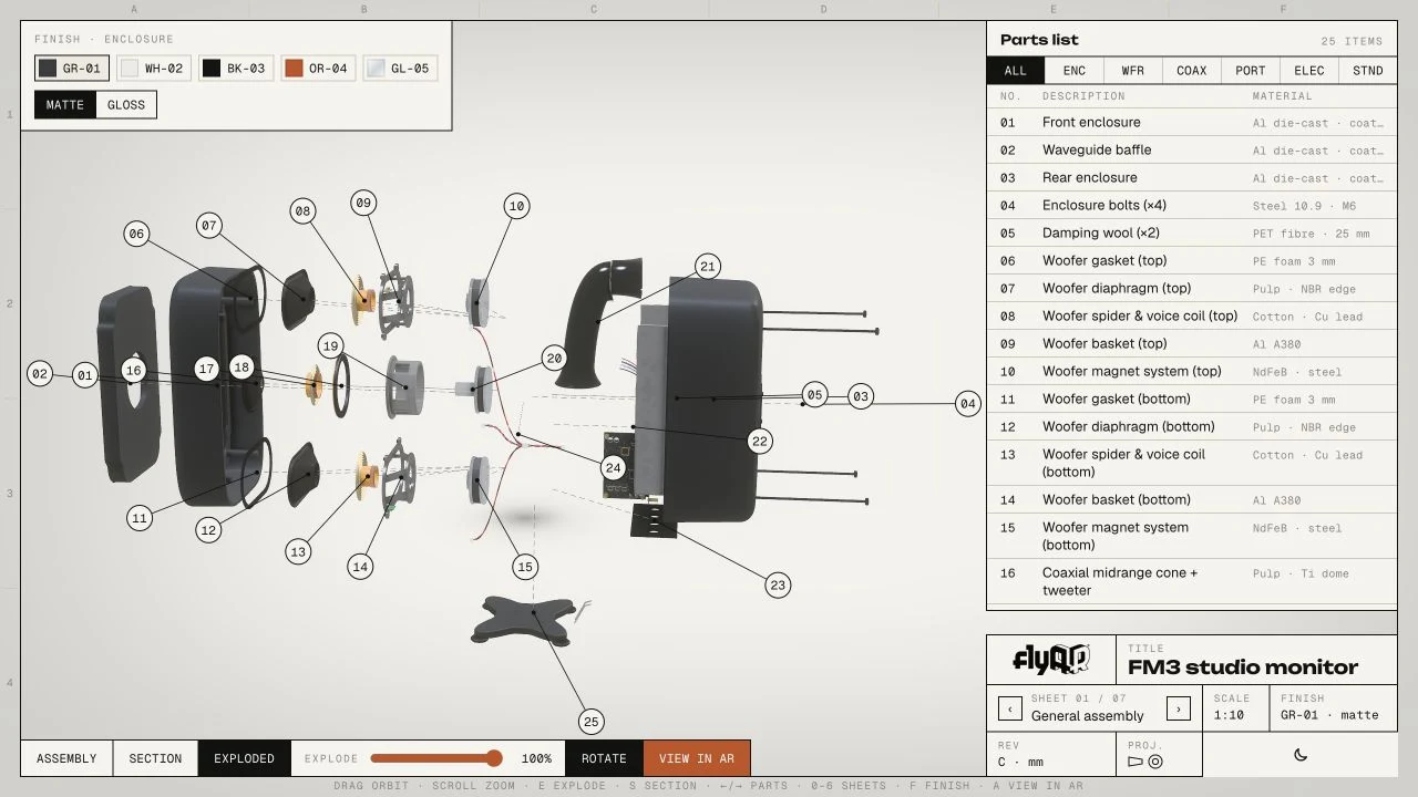Desktop interface with a numbered parts list, assembly sheets and an exploded-view slider.