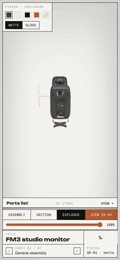 Phone layout with collapsible parts list and the same assembly, section and exploded-view controls.