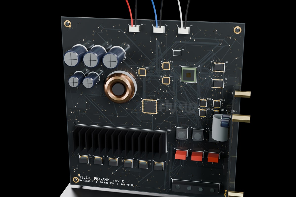 Electronics. Close-up of the FM3 amplifier board with heatsink, capacitors and connectors.