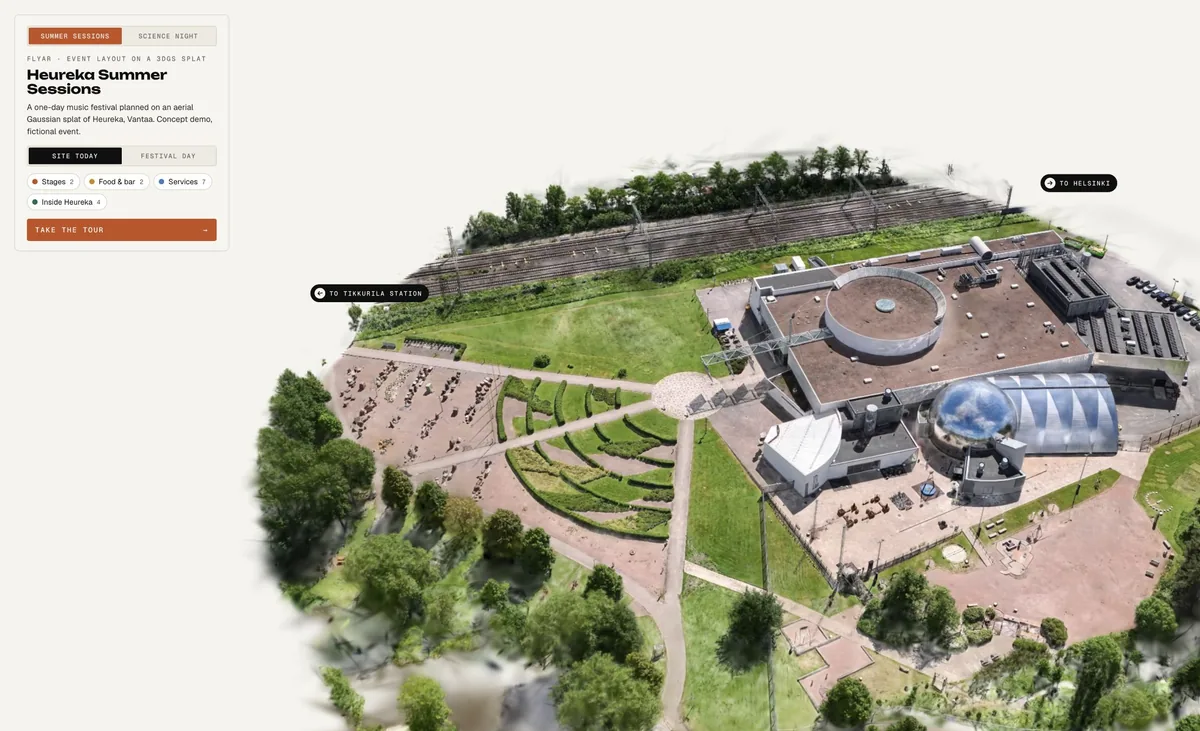 The site today: a drone-captured 3D scan of Heureka in Vantaa, in true scale.