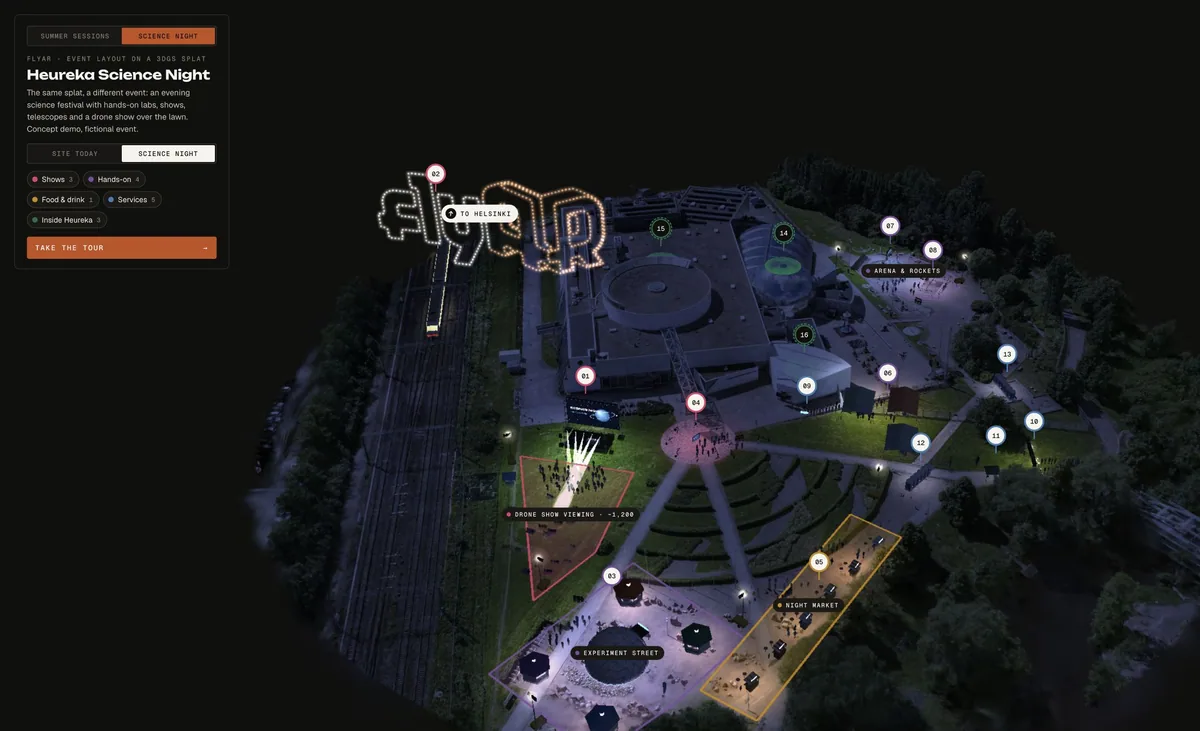 Science Night: the same site with a different layout. Experiment street, night market, screen stage.