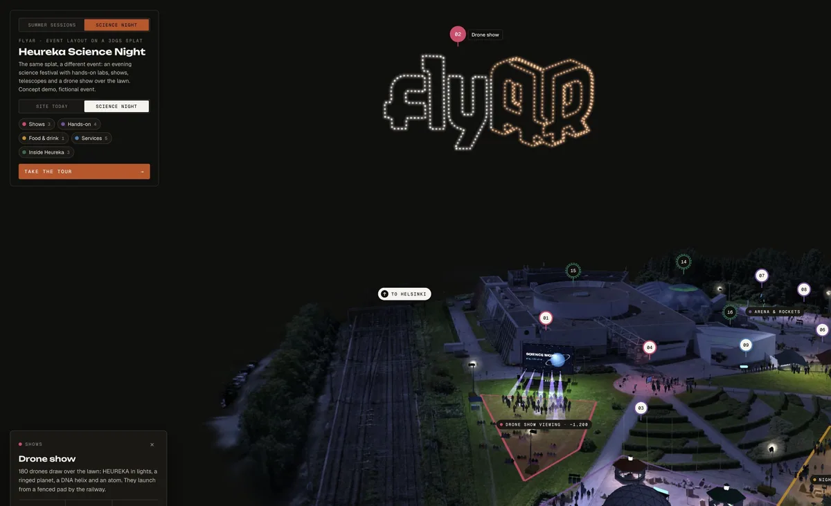 Science Night drone show over the lawn beside the commuter railway.