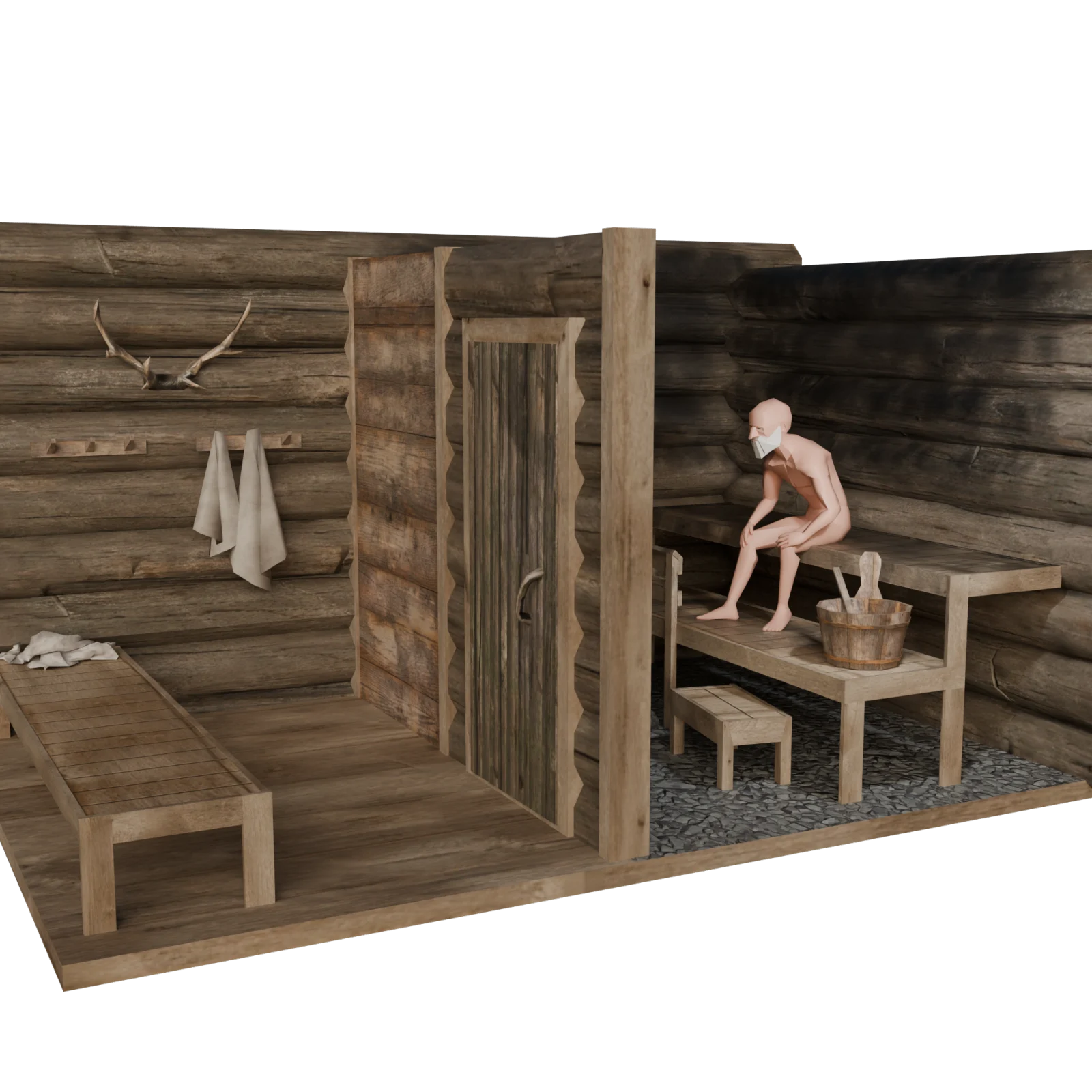 Saunatonttu. The sauna elf summoned inside a Karelian smoke sauna.