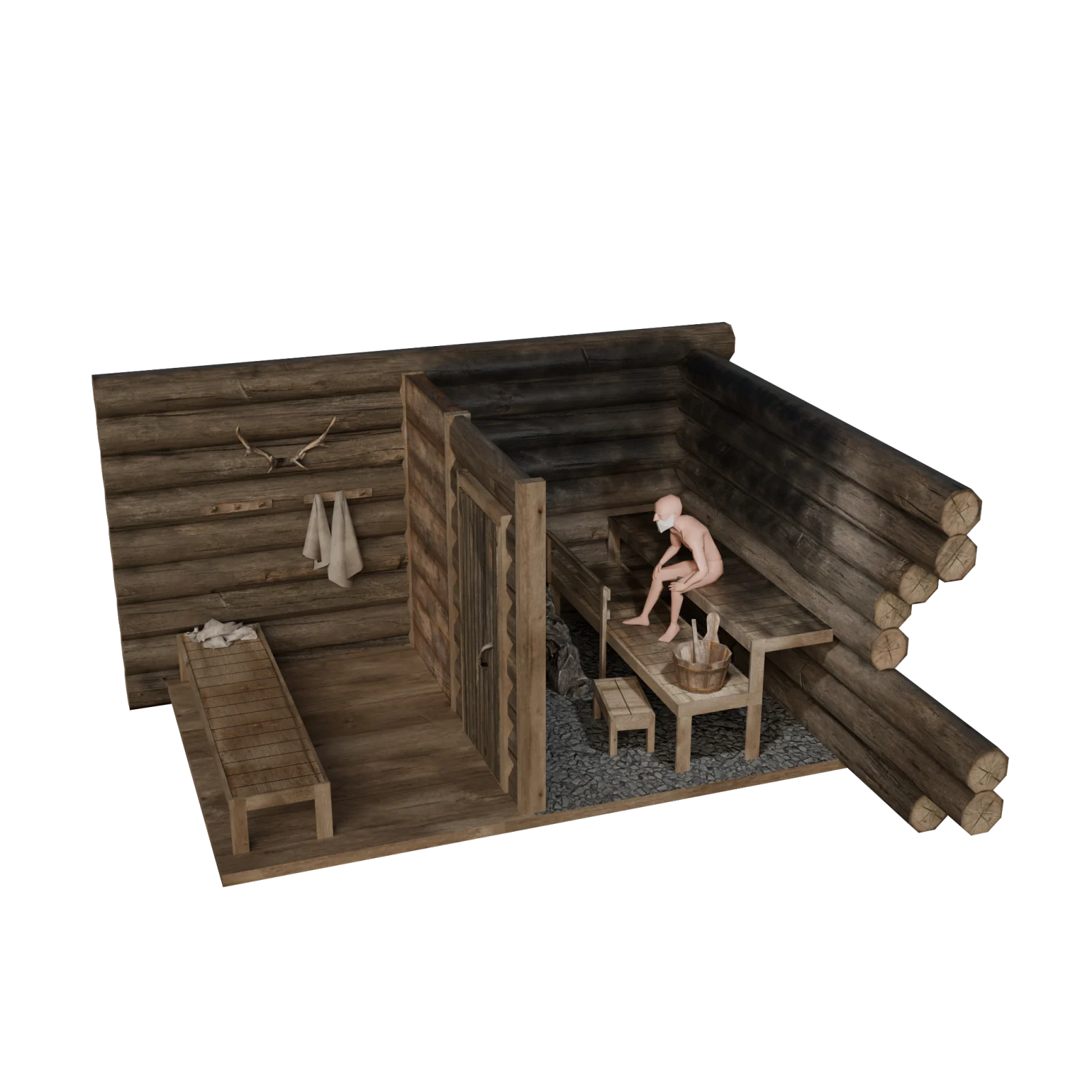 Karelian smoke sauna. Log-joint construction modelled stop by stop.
