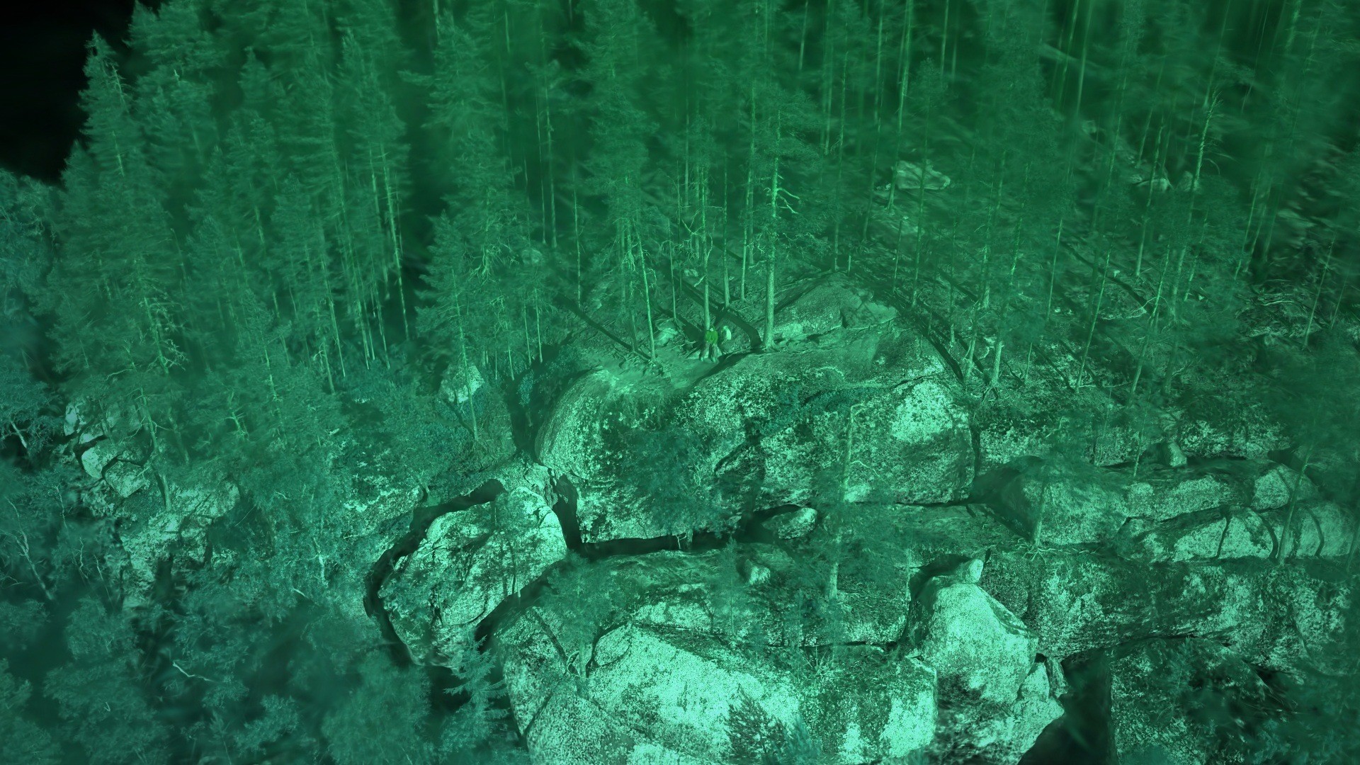 Forest and rock Gaussian splat tinted green and teal by an audio-driven hue shift