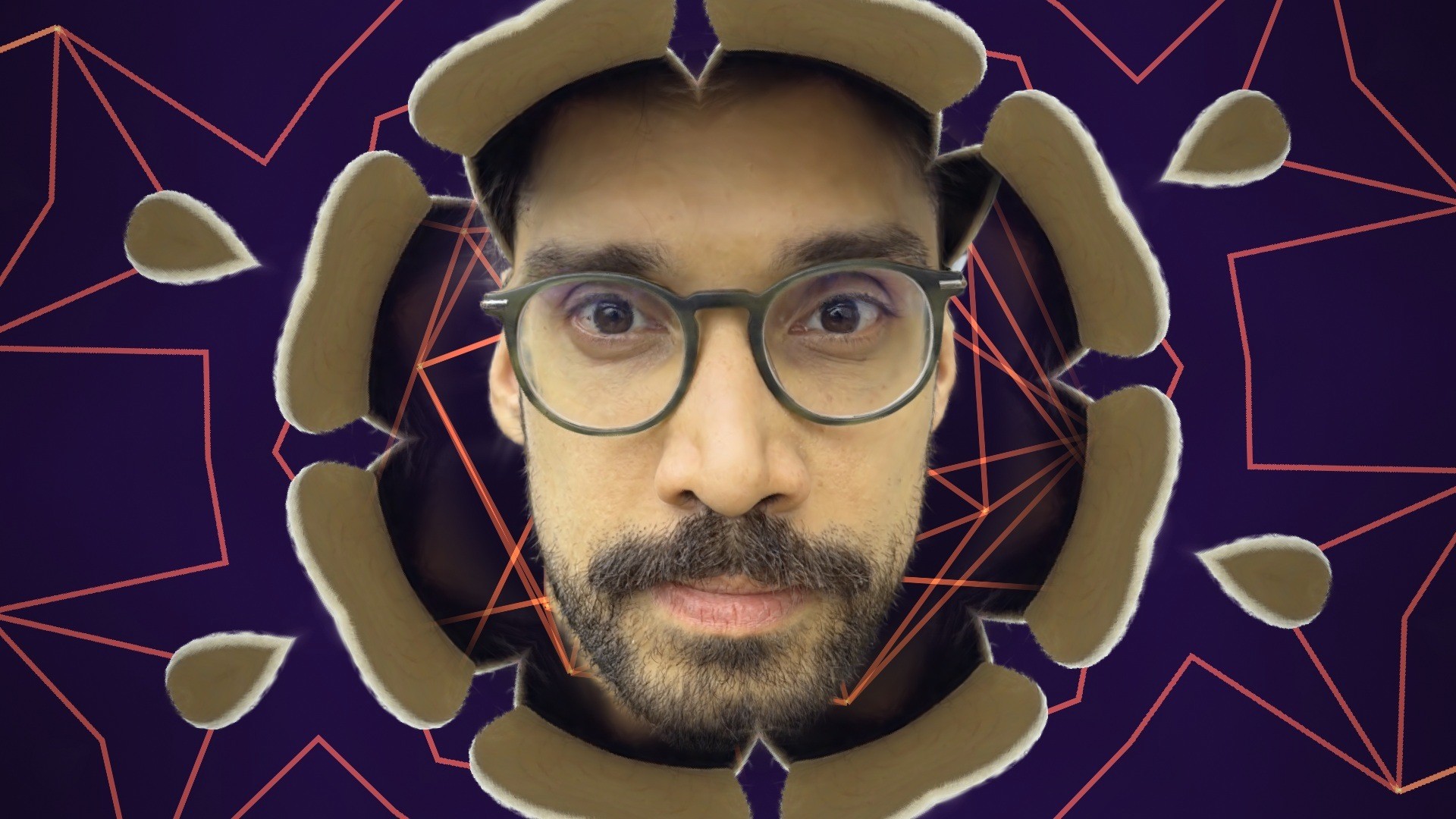Face Gaussian splat in a kaleidoscope with an icosahedron wireframe on a purple background