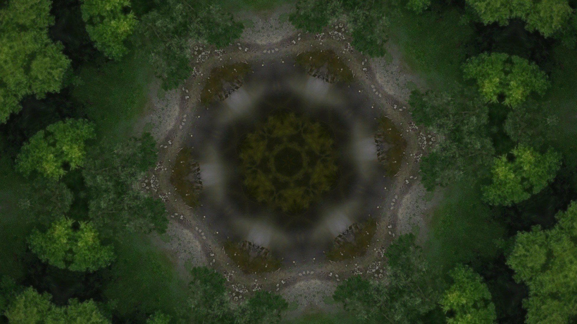 Six-sector kaleidoscope made from an aerial Gaussian splat of the Kaali meteorite crater