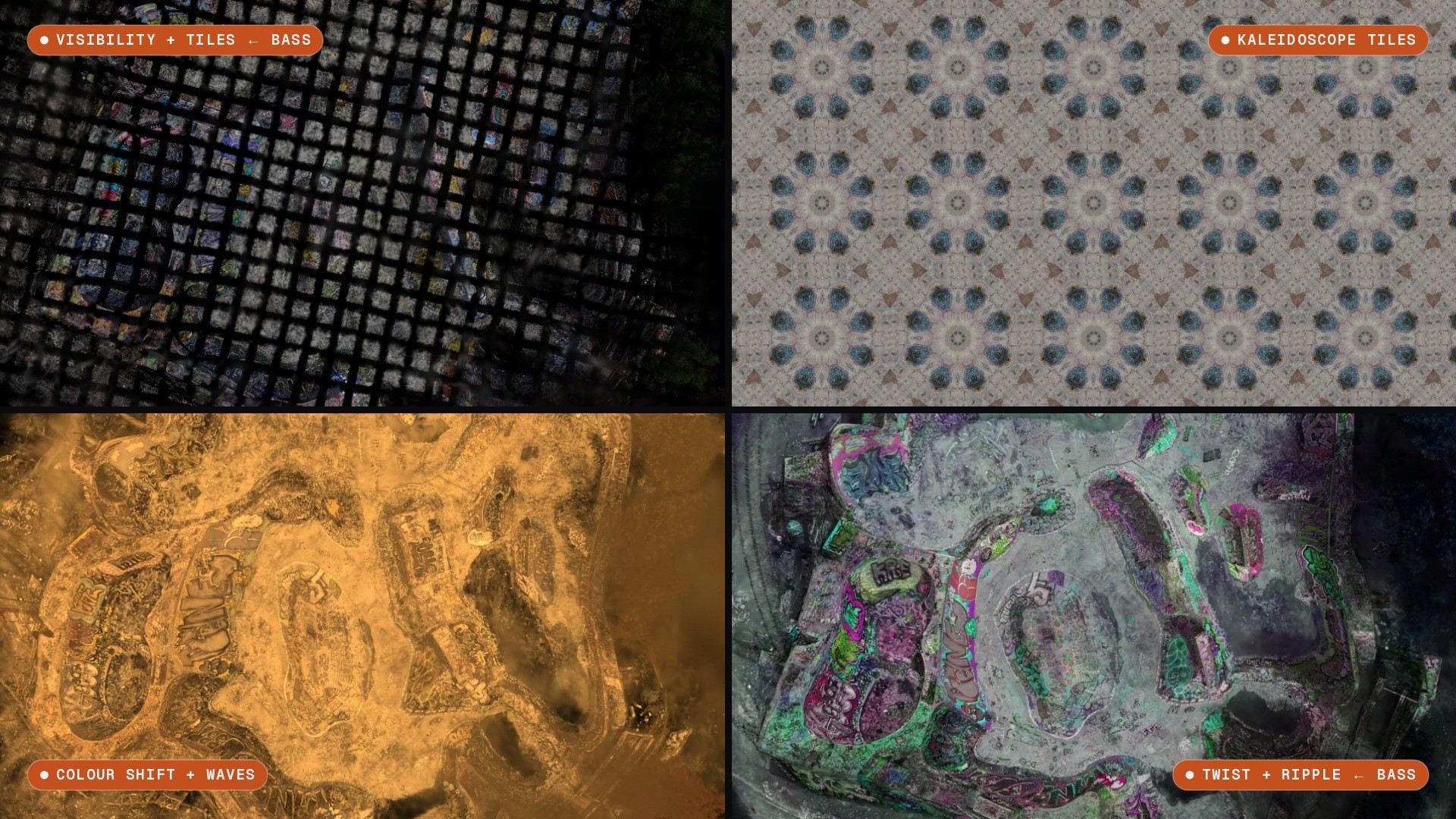 The same skatepark Gaussian splat in four Splatsonia looks: tiles, kaleidoscope, colour shift and twist