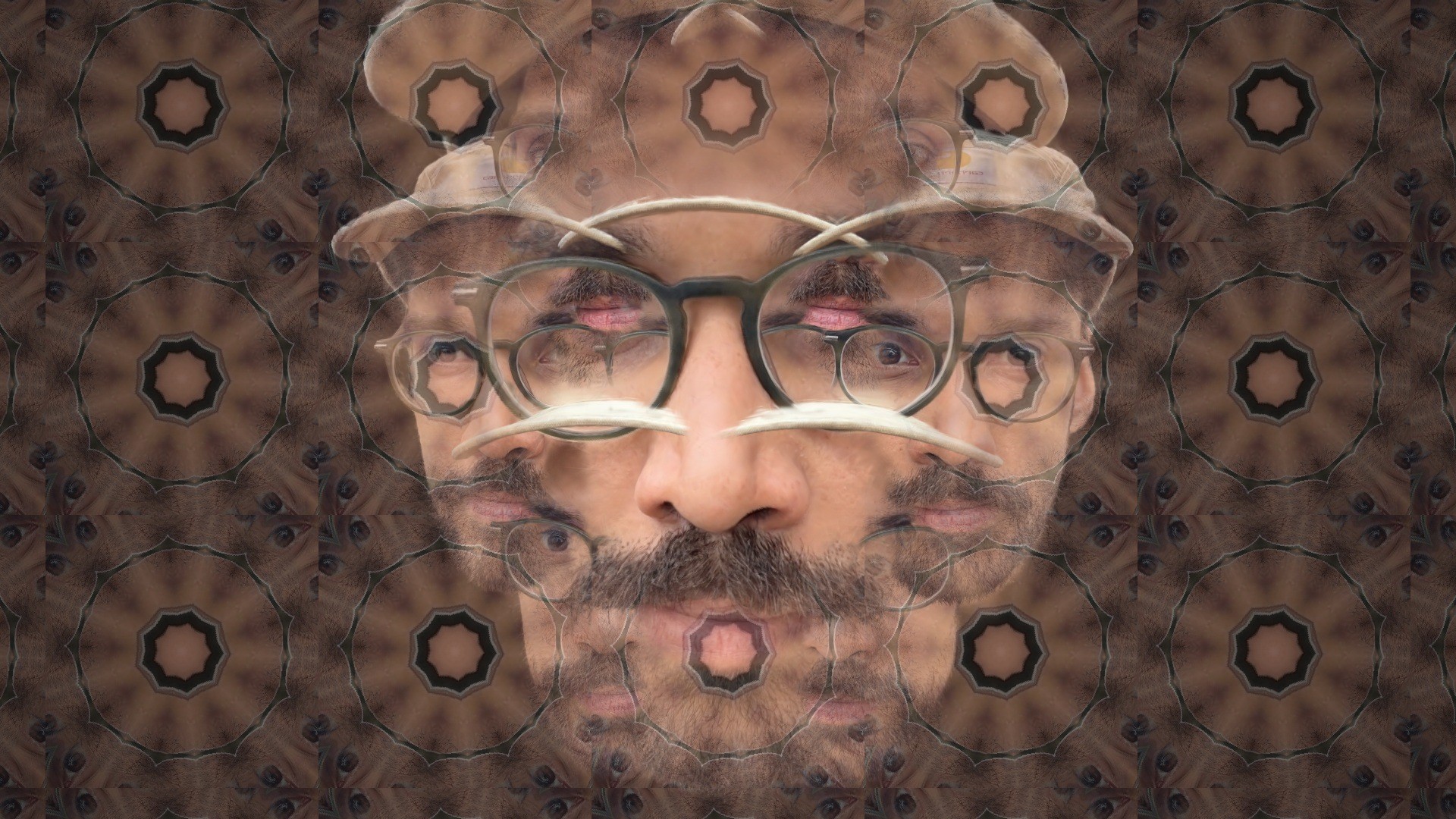 A face Gaussian splat multiplied by Seed of Life polyhedral mirrors inside a kaleidoscope