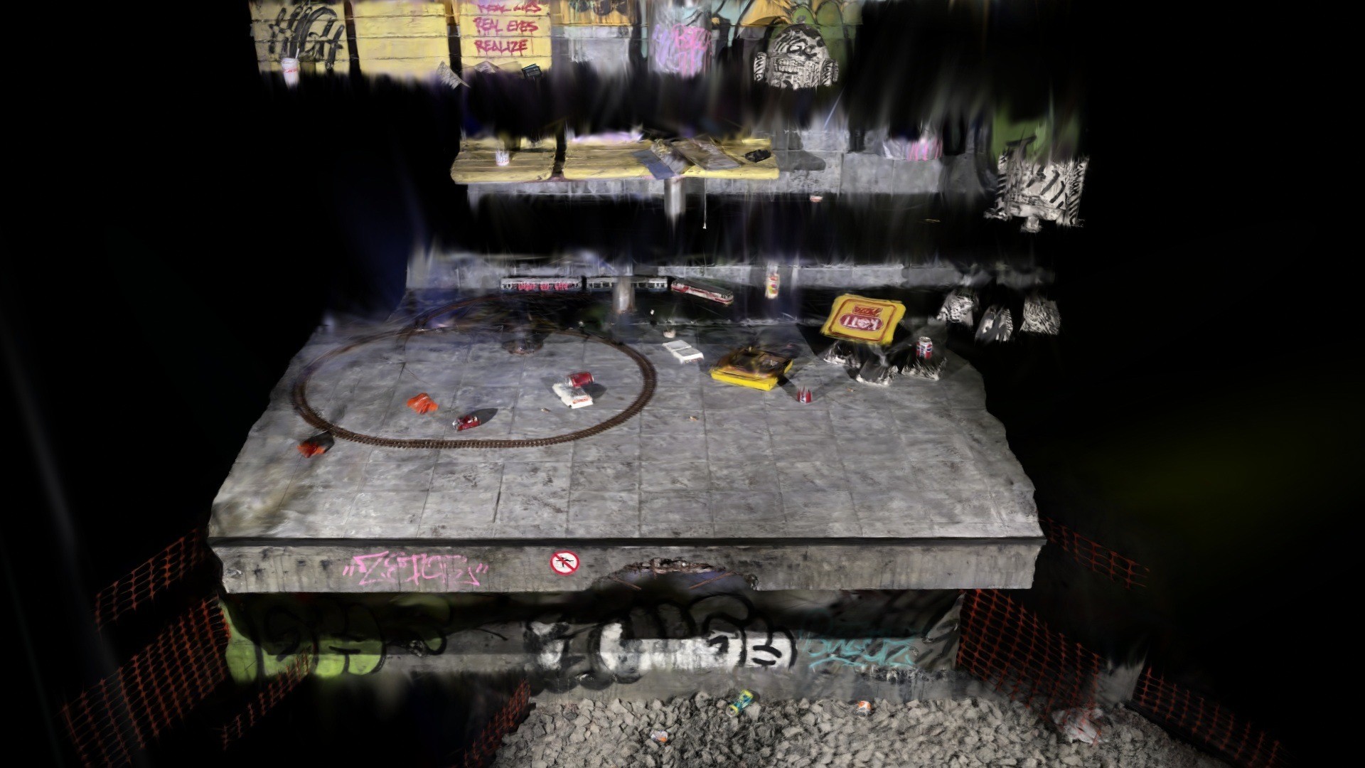 Slice effect cutting a graffiti street scene Gaussian splat into shifted layers