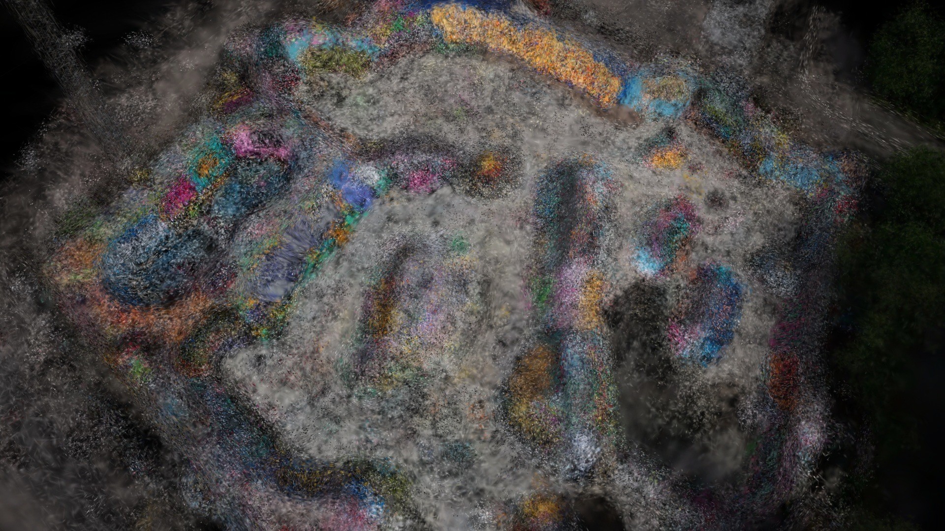Painterly Gaussian splat of a skatepark with audio-driven splat size, dissolve and scatter