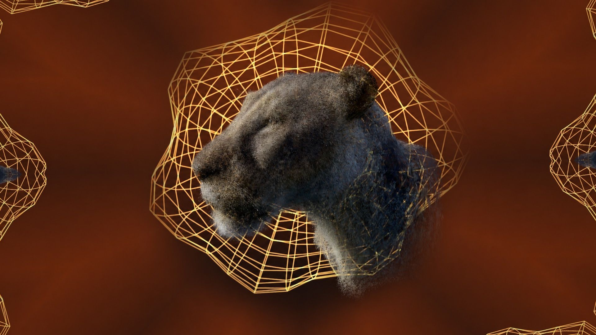 A lioness Gaussian splat at the centre of a kaleidoscope, framed by a glowing gold torus wireframe, in Splatsonia