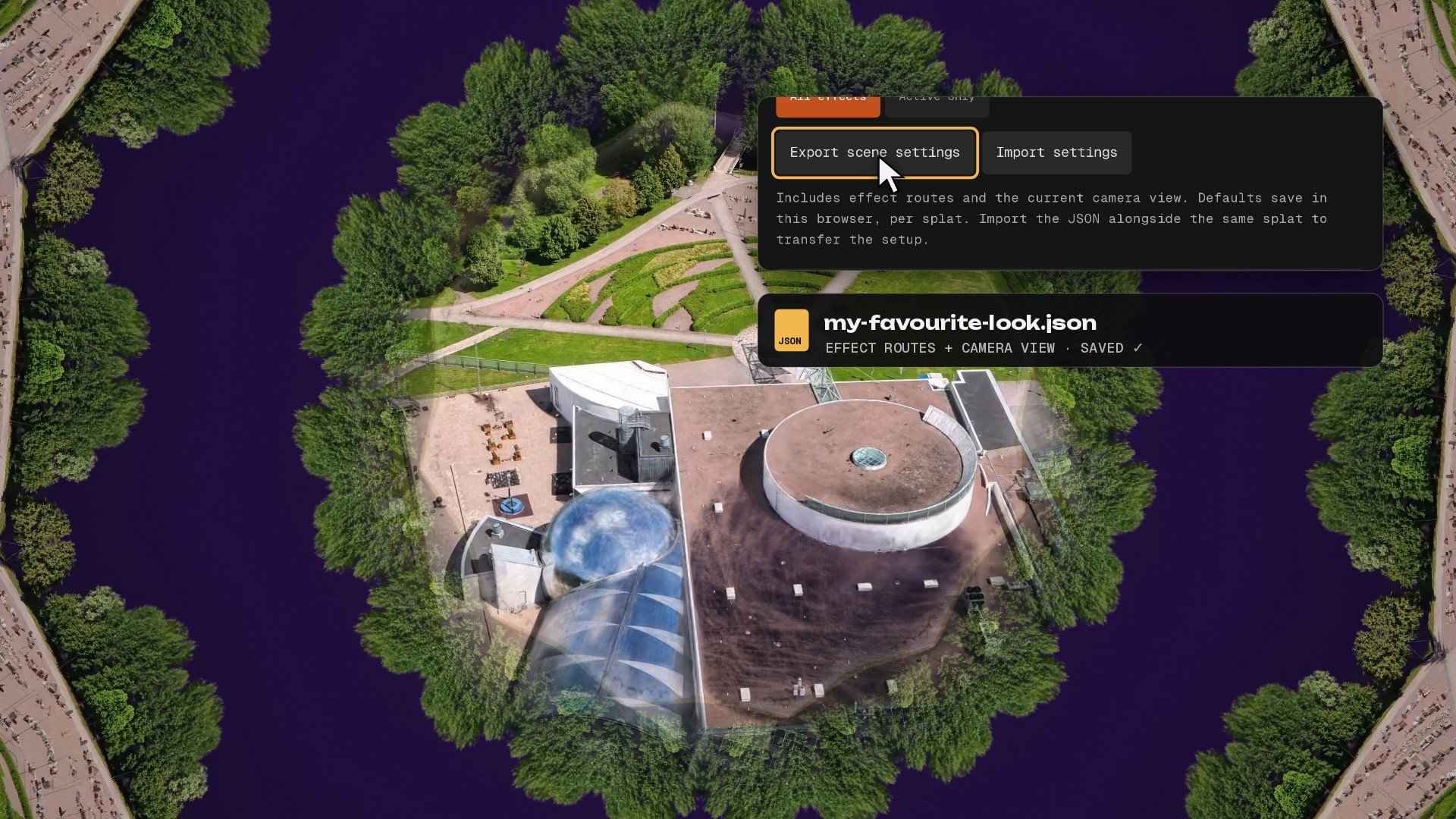 Splatsonia export scene settings button, saving a look as a JSON file