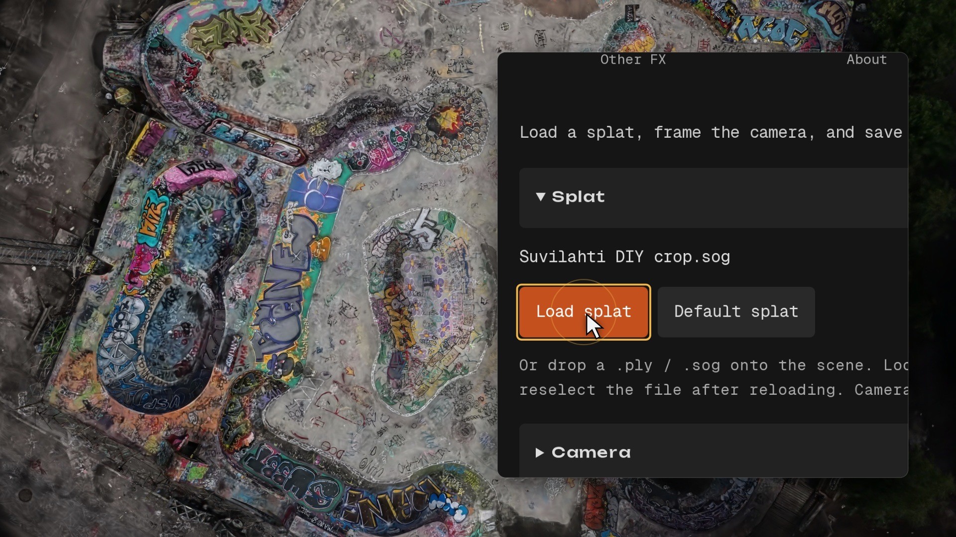 Splatsonia interface with the Load splat button for .ply and .sog Gaussian splat files