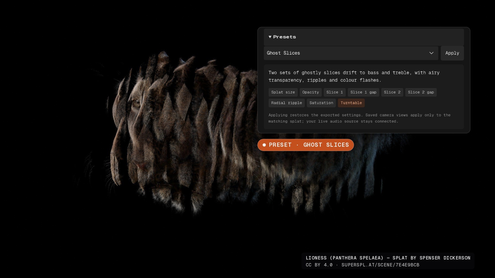 The Ghost Slices preset applied to a lioness Gaussian splat, with the Splatsonia preset menu open