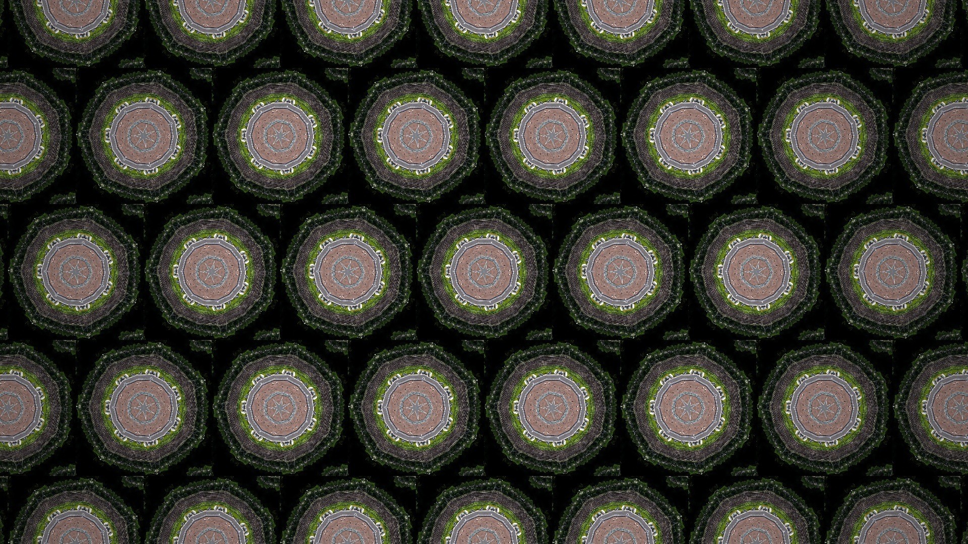 Staggered kaleidoscope tiles on a dark background, made from a Gaussian splat