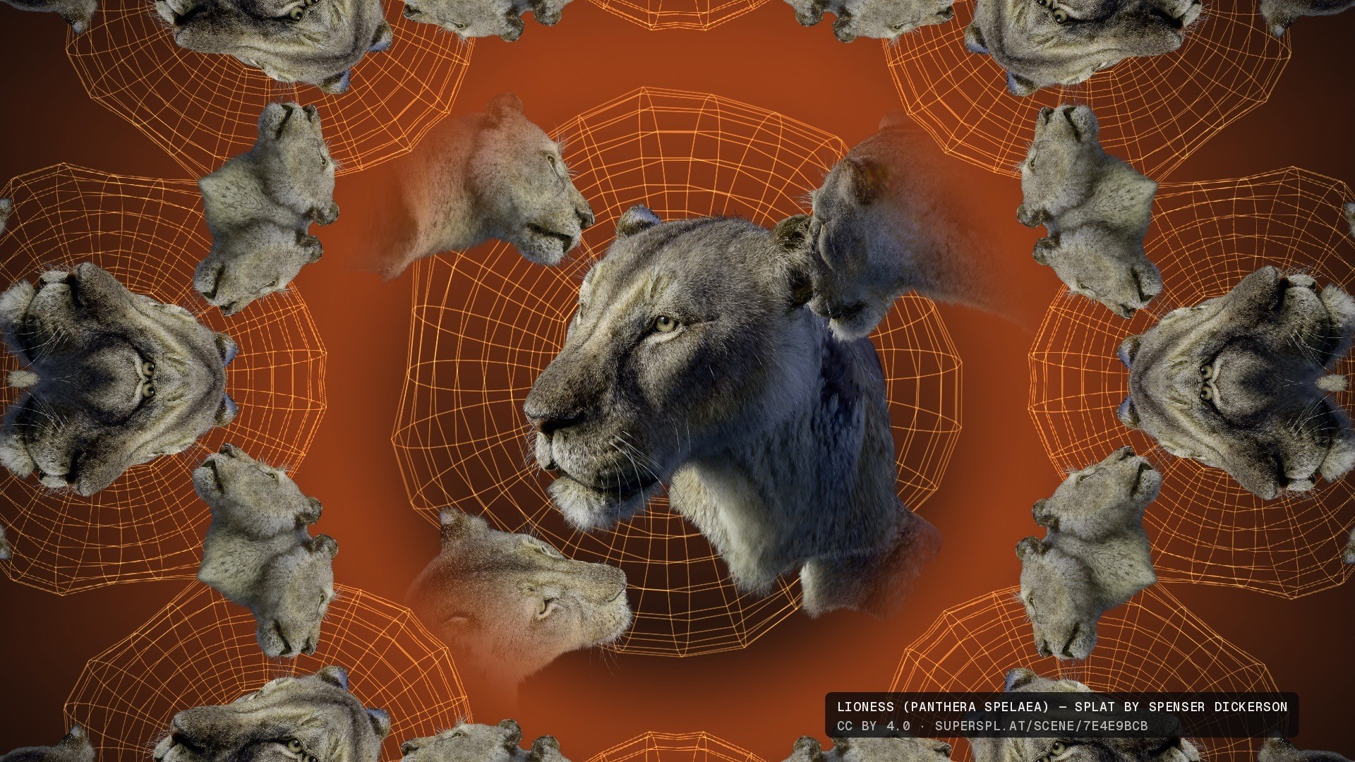 A lioness Gaussian splat mirrored on a tetrahedron, inside a kaleidoscope with a torus wireframe