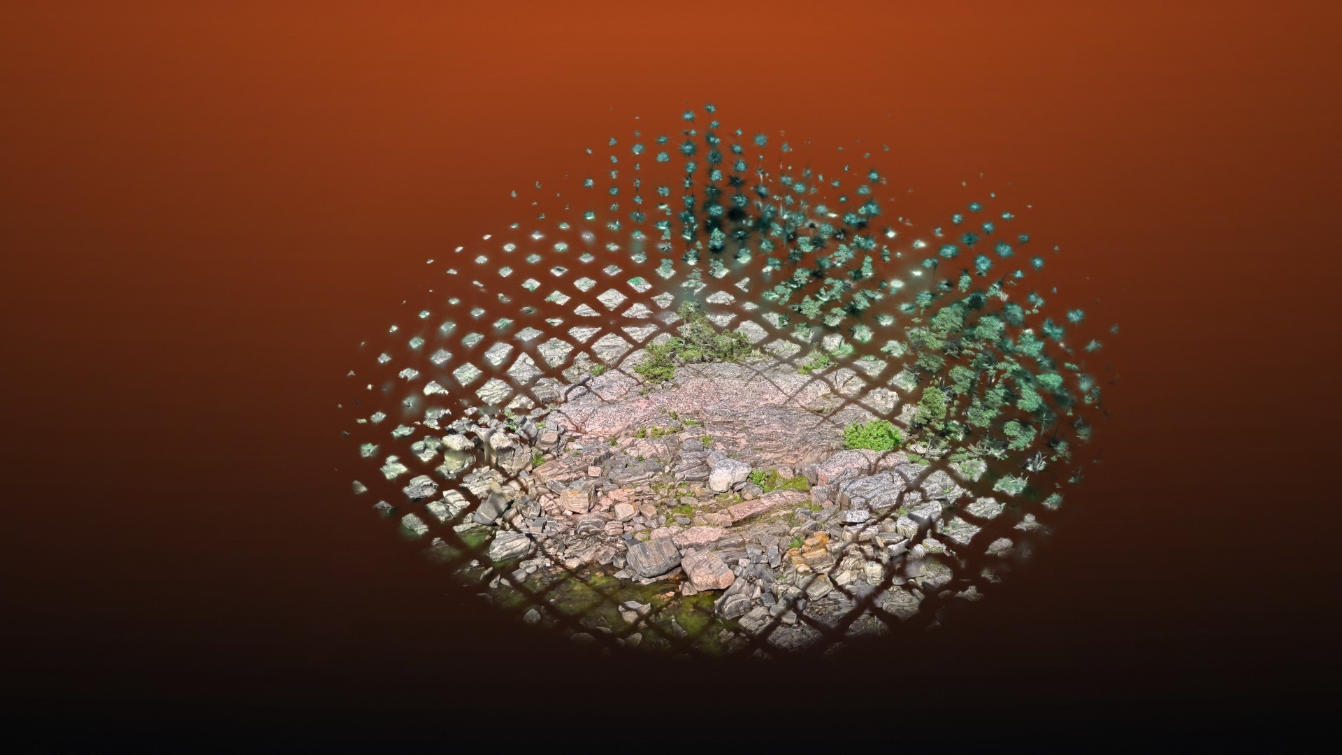 Island Gaussian splat cut out by a cylinder visibility mask, with a clean spot surrounded by tile effects