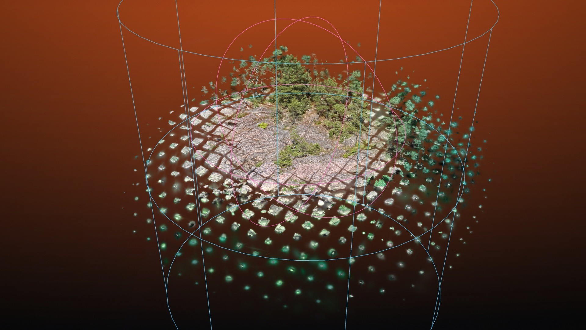 Mask guide wireframes showing a cylinder visibility mask and a spherical effect region around a Gaussian splat